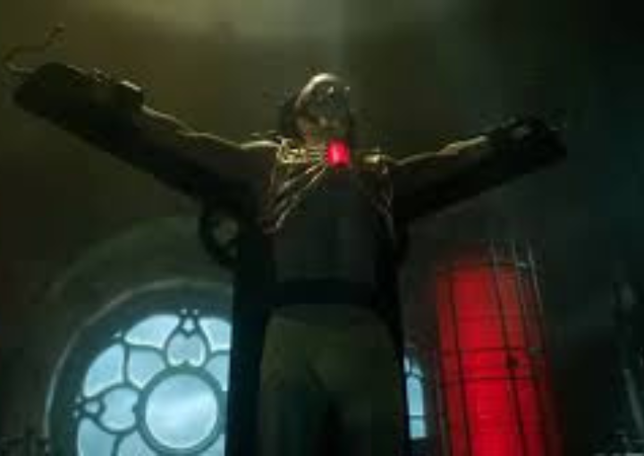 Сцена от филма „Франкенщайн” - пробуждането на Съществото за нов живот. То е приковано на лабораторна маса с формата на кръст. 