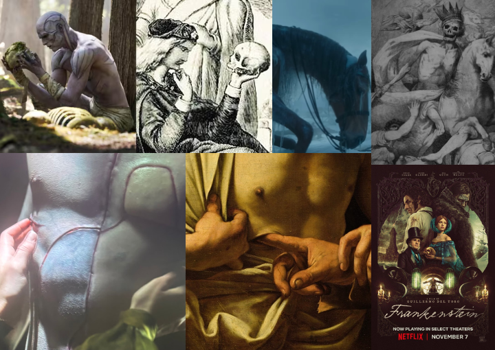 Картини от известни художници и сцени от филма „Франкенщайн”.